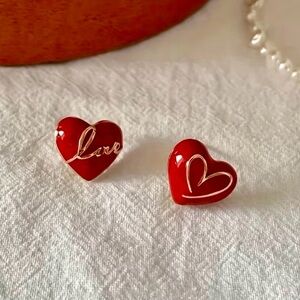 Red Heart Earrings with Love Script Enameled Hypoallergenic